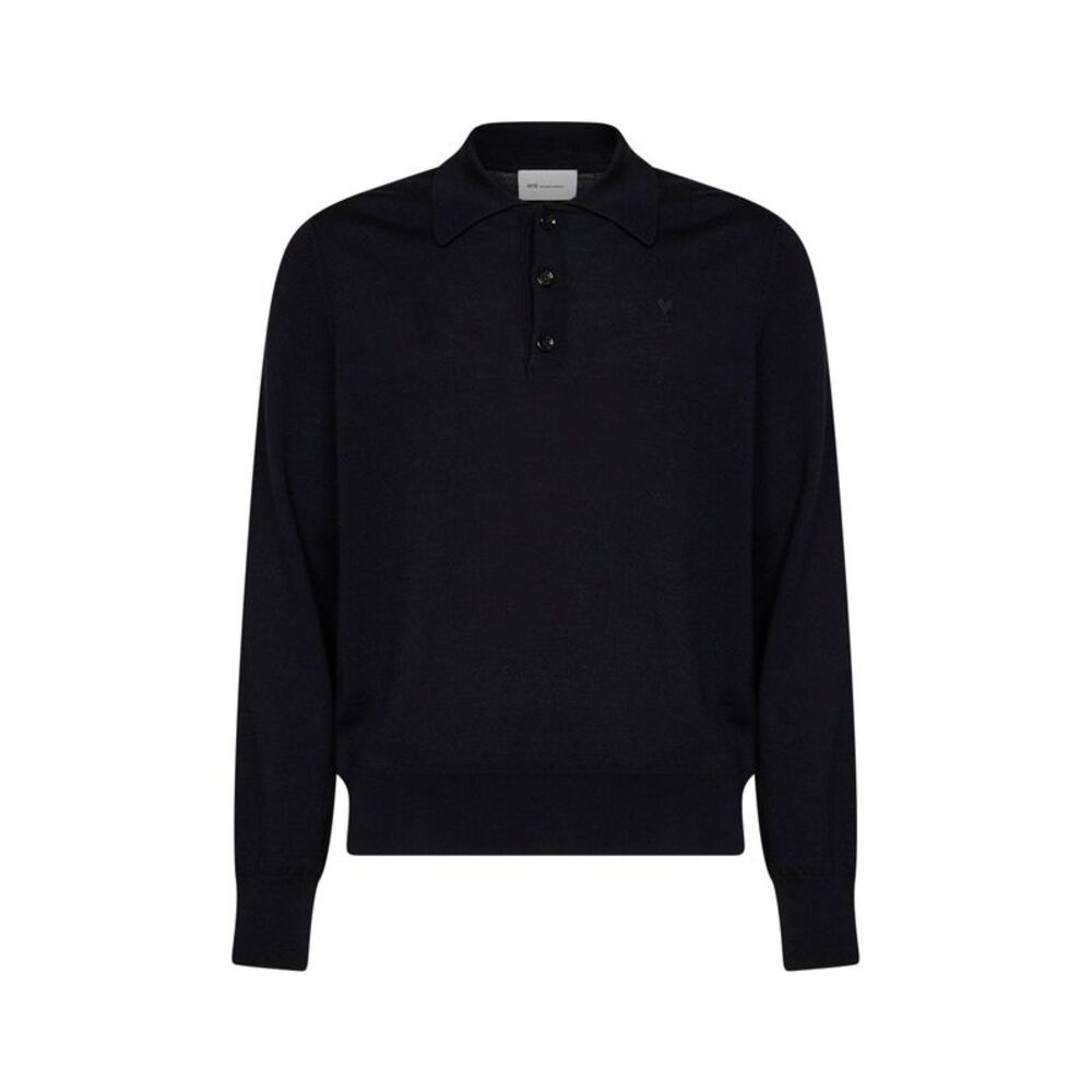 Ami Paris Men Black Extra-Fine Merino Wool Knit Ami De Cœur Polo Shirt